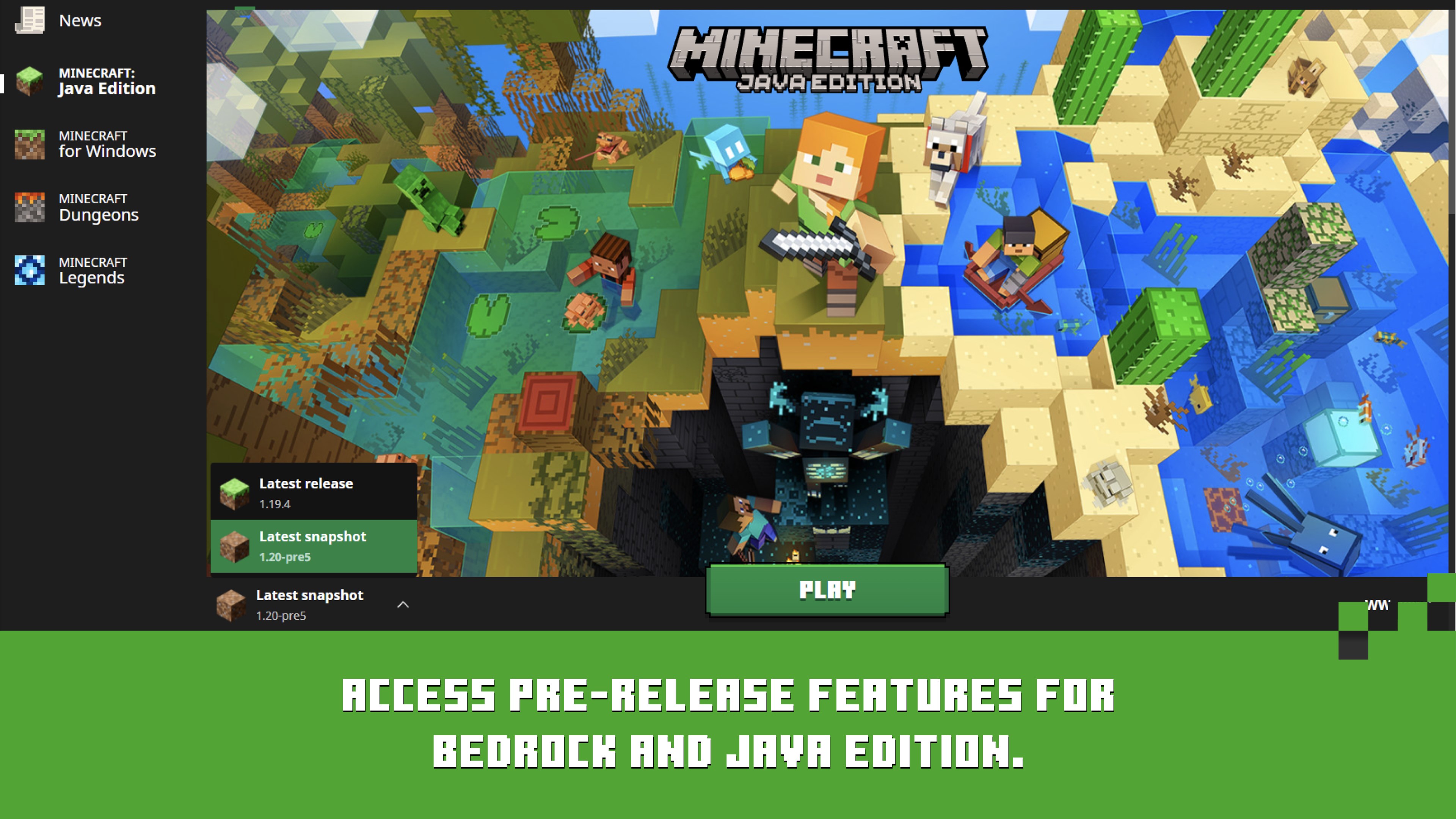 Minecraft Launcher home screen with Java Edition selected