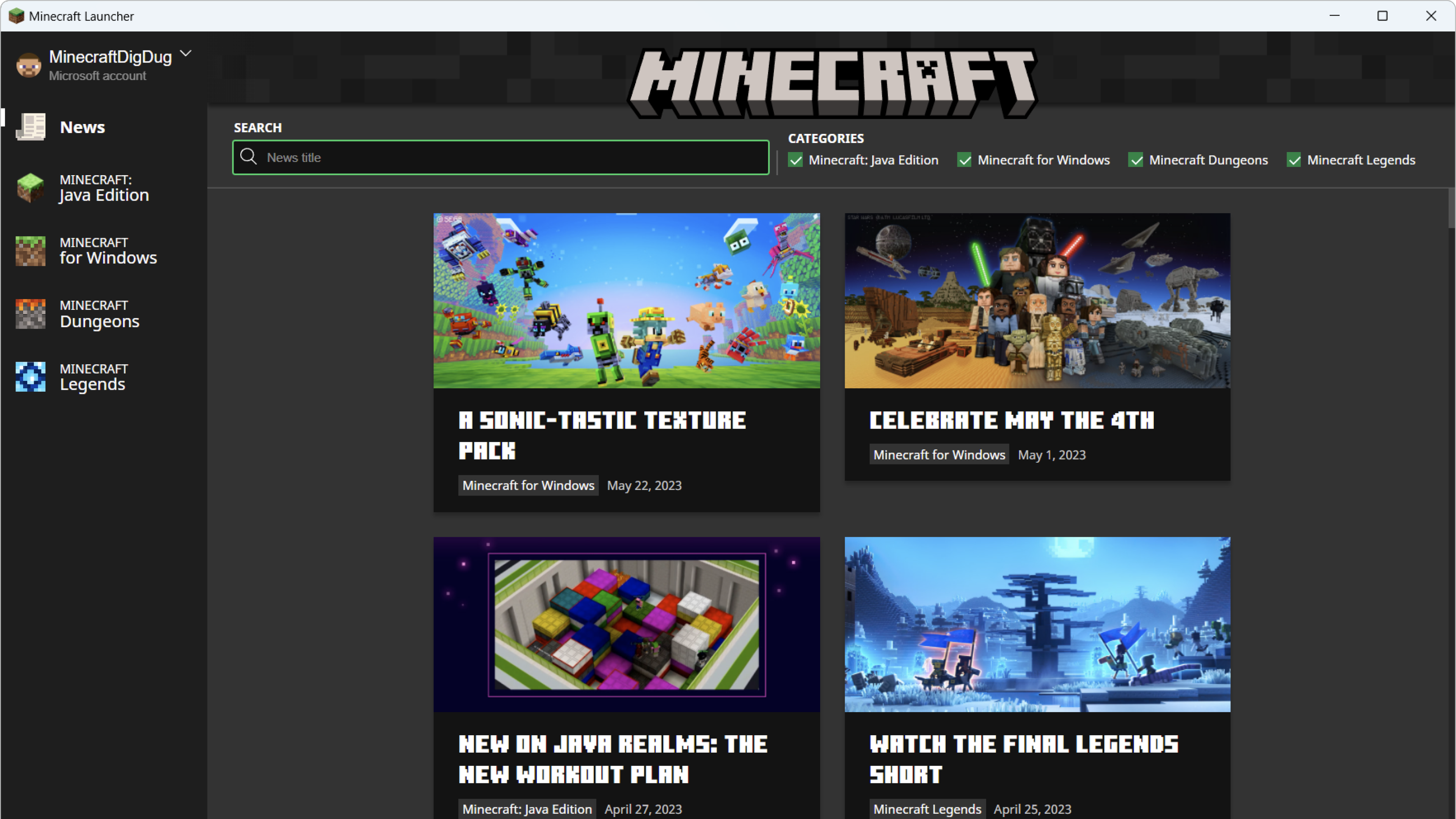 Minecraft Launcher news section with patch notes and event cards